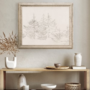 Rustic Winter Christmas Tree Sketch | Pine Forest Drawing | Neutral Holiday Decor | Minimalist Farmhouse Country Printable Digital Wall Art