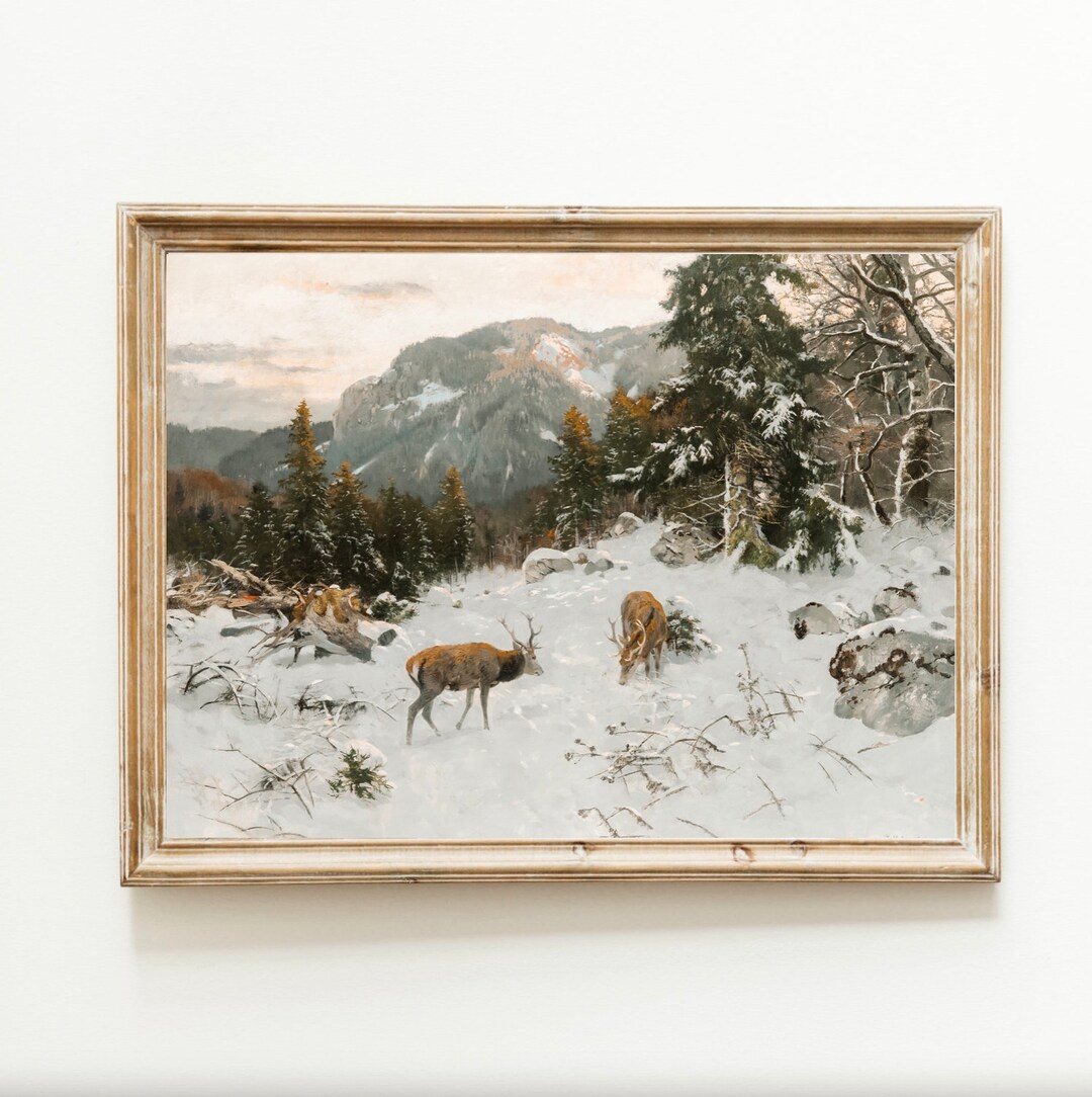 Winter Deer Mountain Landscape Vintage Art Print (digital Download) - Etsy