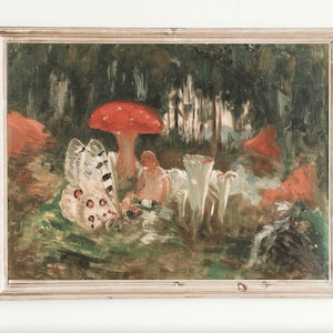 Fairy Tale Vintage Painting Mushroom Toadstool Woodland Forest Nursery Cottage Fairies Butterfly Gnome Nymph Folklore Ethereal enchanted art