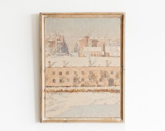Winter Cityscape Oil Painting, Neutral Holiday Home Decor (Digital Download)