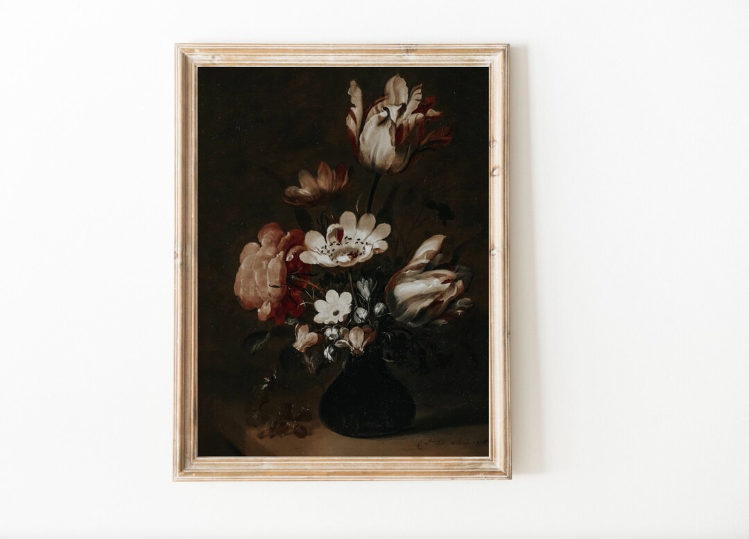 Vintage Peony Floral Oil Painting | Moody Still Life Art (digital ...