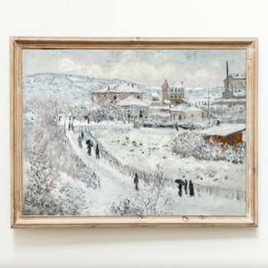 Invierno nieve flocado paisaje pueblo Navidad Vintage arte imprimible pintura digital descargar neutral blanco decoración del hogar silenciado minimalista