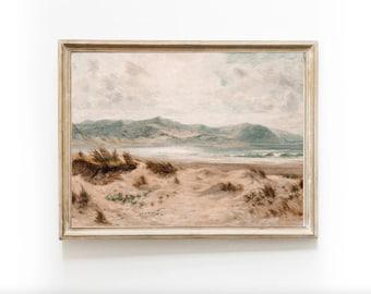 Vintage Seascape Coastal Landscape Horizontal Printable Art Digital Download Sand Dunes Muted Neutral Oil Painting Home Decor Wall Art Beige