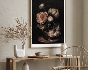 Pintura de vaso com peônias vintage | Natureza morta floral melancólica (Download digital)