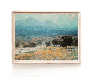 California Poppy Field Vintage Oil Painting, Golden State Landscape (Digital Download)