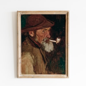 Old Fisherman Vintage Painting Antique printable wall art Maine Coastal Nautical Pipe Elderly Unique portrait Neutral Rustic Country Cottage
