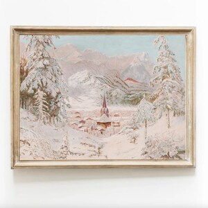 Winter Snow Flocked Landscape Village Christmas Town Vintage Art Printable Painting Digital Download Neutral White Home decor Wall art