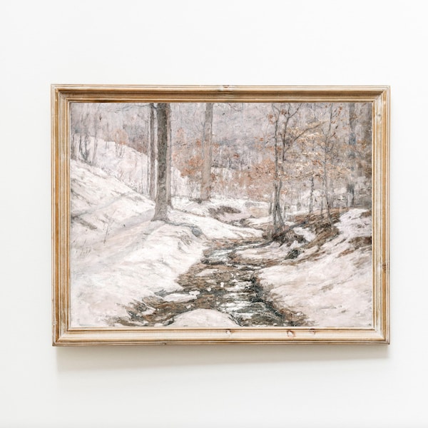 Winter Meandering Brook Creek Woodland Forest Muted Neutral Home Decor Vintage Antique Painting Art Snow Landscape Narnia Cabin Wall Decor