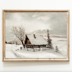 Invierno nieve flocado paisaje cabaña Lodge Navidad Vintage arte hogar imprimible pintura neutral blanco decoración del hogar silenciado minimalista