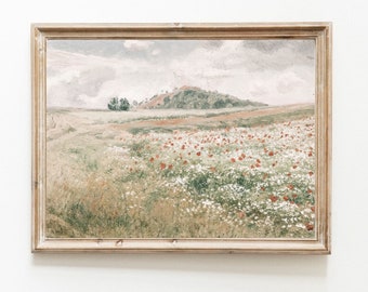 Vintage Wildflower Meadow Oil Painting, Cottagecore Landscape (Digital Download)