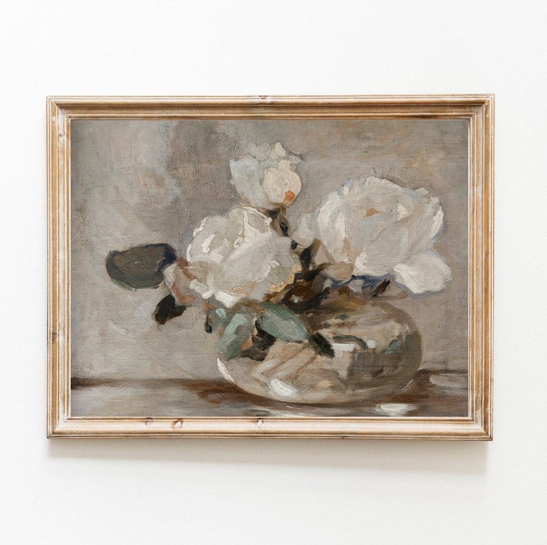 Vintage White Roses Still Life Painting | Printable Wall Art (digital ...