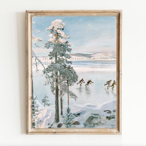 Invierno patinadores sobre hielo Paisaje de nieve Nórdico Finlandia Navidad Árbol flocado Arte vintage Escandinavo Imprimible Pintura Descarga digital
