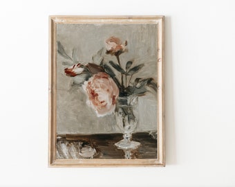 Pintura a óleo vintage de vaso de peônias | Natureza morta floral neutra (Download digital)
