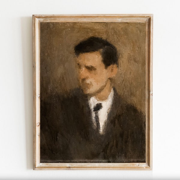Man Portrait Vintage Dark Moody Academia Oil Painting Dark Haired Male Suit and Tie Brown Decor Printable Wall art