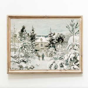 Invierno nieve flocado paisaje pueblo Navidad Vintage arte cabaña casa Lodge imprimible pintura neutral blanco decoración del hogar silenciado minimalista