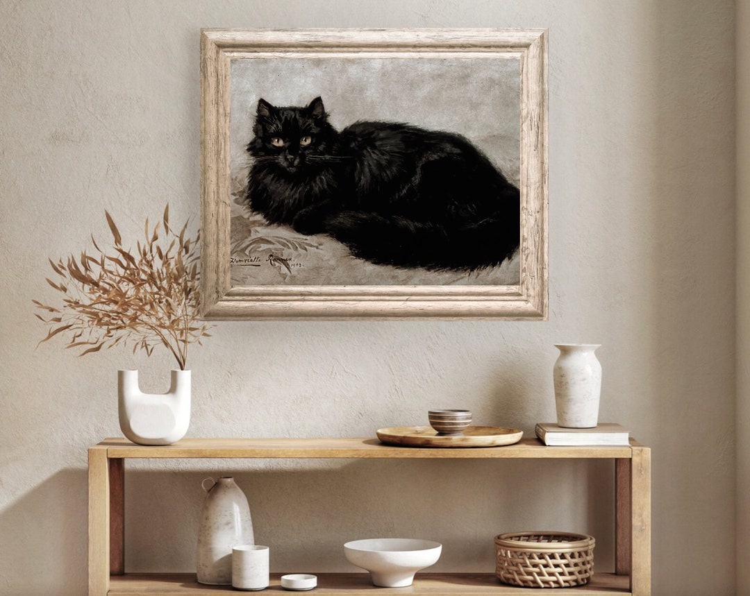 Moody Black Cat Oil Painting Print, Vintage Feline Portrait (digital ...