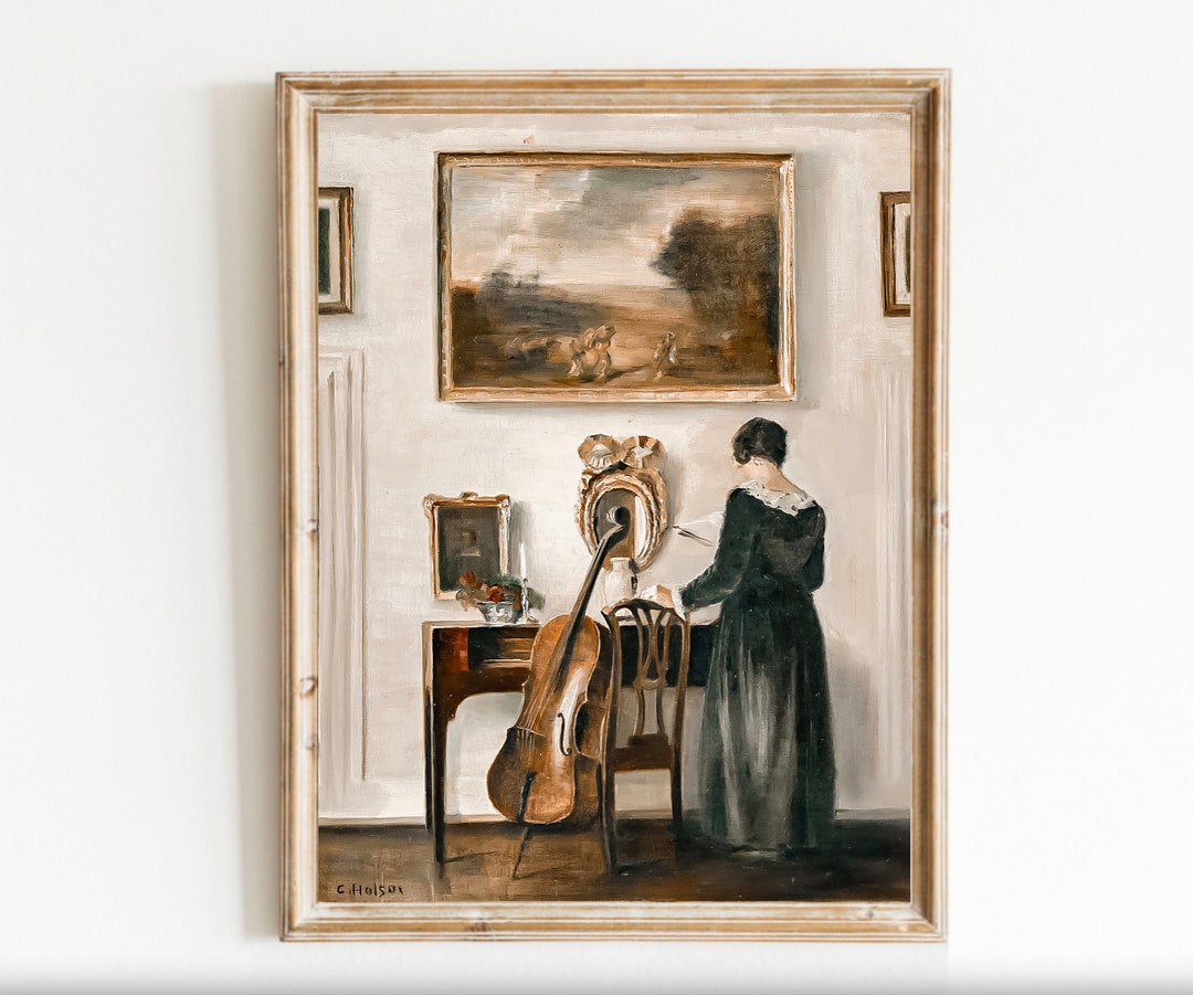 Vintage Portrait Cello Woman Oil Painting Moody Regency Interior ...