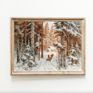 Invierno nieve flocado paisaje trineo madera vintage arte imprimible pintura digital descargar neutral blanco Navidad silenciado Nordic Cabin Lodge