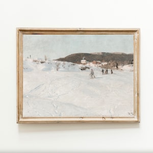Esquiadores de invierno Esquí Nieve Paisaje Pueblo Navidad Vintage Arte Imprimible Pintura Digital Descargar Neutral Blanco Decoración del hogar Silenciado