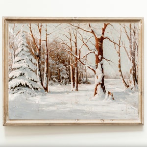 Invierno nieve flocado paisaje pueblo Navidad Vintage arte imprimible pintura digital descargar neutral blanco decoración del hogar silenciado minimalista