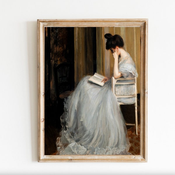 Vintage Portrait Woman Reading Academic Painting Antique Moody Dark Printable Wall Art Academia Regency Victorian book gown dress cottage