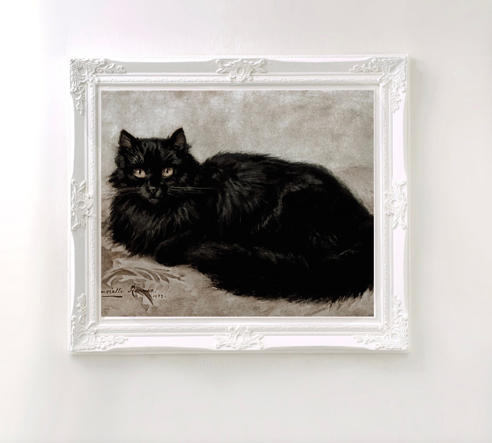 Moody Black Cat Oil Painting Print, Vintage Feline Portrait (digital ...