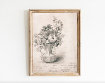 Vintage Flower Vase Sketch Art Print, Antique Still Life (Digital Download)