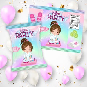May include: Two Spa Party-themed chip bags with illustrations of a girl in a spa setting. The bags feature the text "Spa PARTY" in a cursive font, along with spa-related graphics like slippers, eye masks, and nail polish. Pink and white balloons and confetti surround the bags.