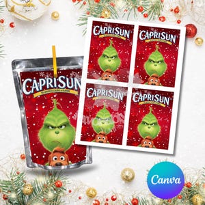 May include: A CapriSun juice pouch and four matching labels featuring a Grinch design. The Grinch is green with an angry expression, and the labels have a red background with falling snow. The CapriSun pouch has a yellow straw.