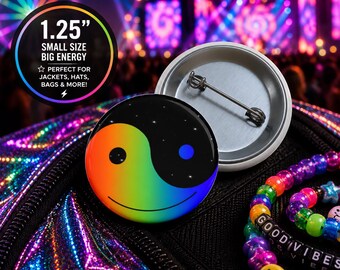Rainbow Yin Yang Smiley Pin, Cosmic Festival Button, EDM Backpack Accessory, 3 Sizes