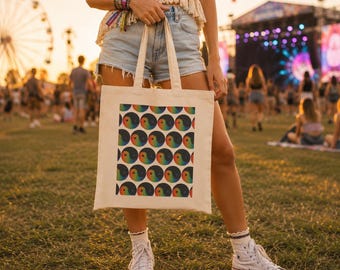 Rainbow Yin Yang Tote, Boho Festival Canvas Market Bag, Retro Hippie Shopping Tote
