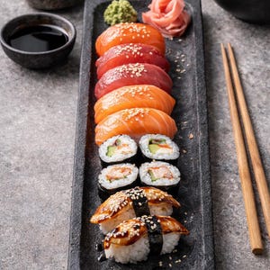 May include: A variety of sushi arranged on a dark rectangular plate. The sushi includes nigiri with salmon and tuna, along with maki rolls. Wasabi, pickled ginger, soy sauce, and a bowl of rice are also present, alongside chopsticks.