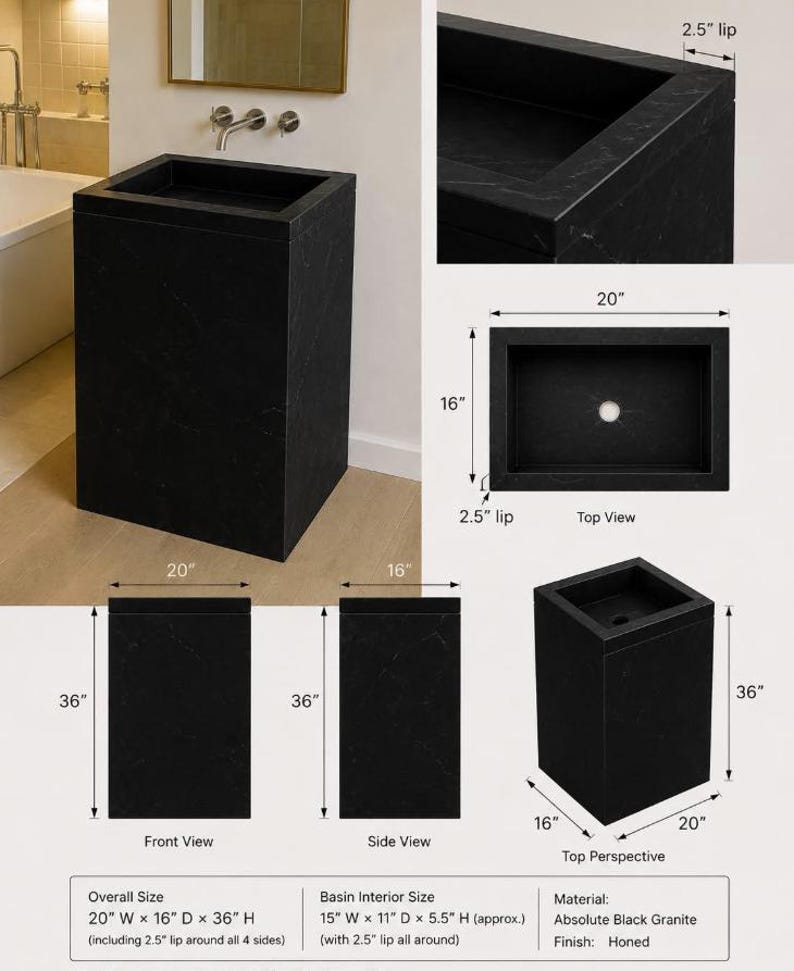 Lavabo de pedestal de mármol a medida / Lavabo de piedra moderno / Mueble de baño independiente / Lavabo de lujo hecho a mano Nero 20× 16× 36