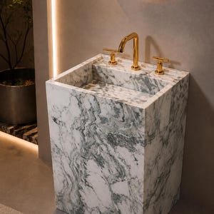 Puede incluir: Un lavabo rectangular independiente hecho de m&aacute;rmol blanco con vetas grises prominentes. El lavabo cuenta con un grifo de oro pulido con dos manijas en forma de T a juego montadas en el borde trasero plano de la estructura de piedra.