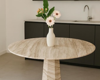 Round Dining Table: Minimalist Stone Table-Dino Beige Marble /Travertine