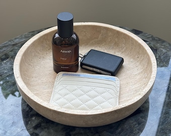 Natural Travertine & Marble Catchall Bowl – 8.5" Wabi-Sabi Decorative Stone Tray, Minimalist Cream Key Bowl