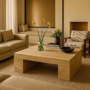 May include: A light beige square coffee table with a recessed base. The table is in a living room with a beige sofa, patterned armchair, and a vase of yellow flowers. A black bowl sits on the table.