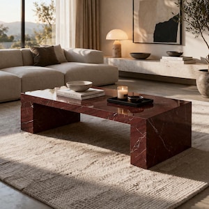 Red Marble Waterfall Coffee Table, Natural Stone Sculptural Living Room Furniture