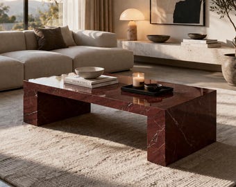 Red Marble Waterfall Coffee Table, Natural Stone Sculptural Living Room Furniture