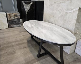 Cloudy White Marble Coffee Table: Oval Stone, Black Metal Base