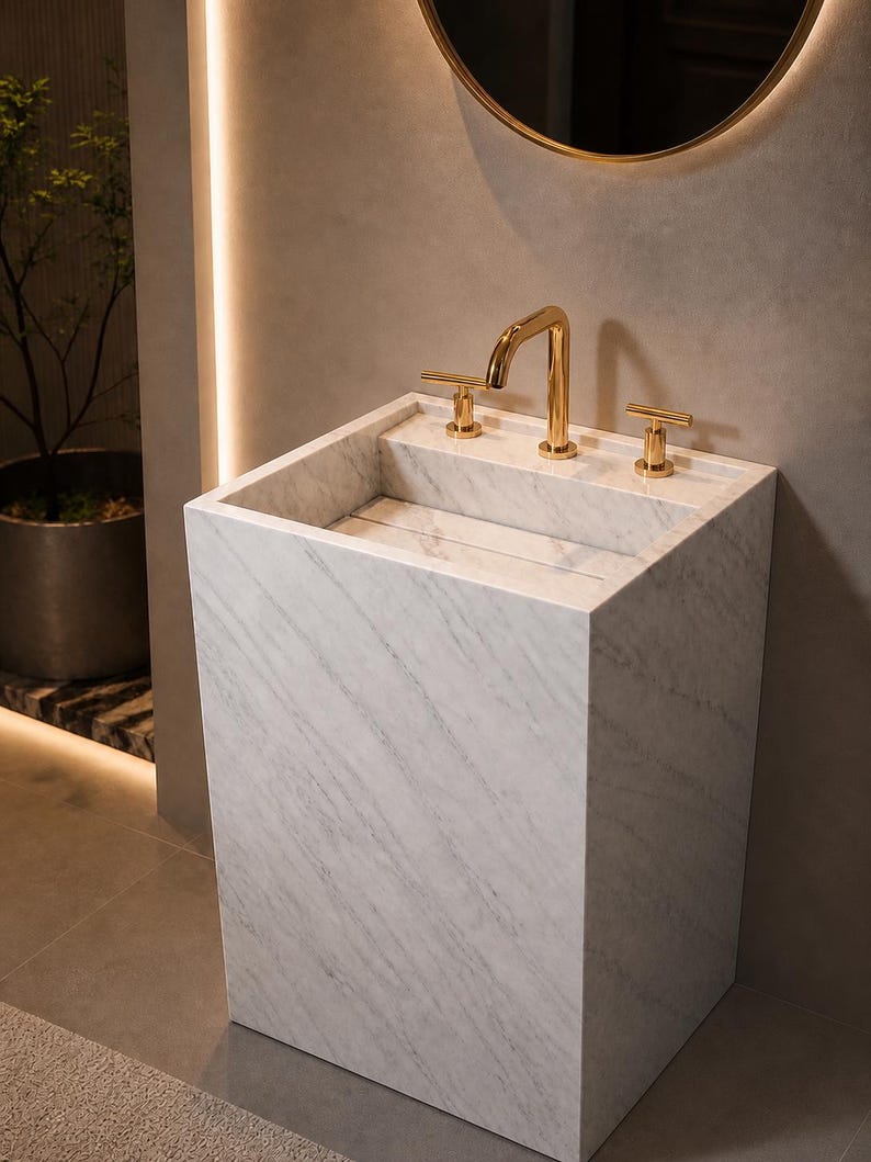 Puede incluir: Un lavabo de pedestal de m&aacute;rmol blanco independiente con un lavabo rectangular y un grifo de oro pulido con dos manijas en forma de T a juego. El lavabo presenta un patr&oacute;n de vetas grises en toda la superficie de piedra y un dise&ntilde;o angular.