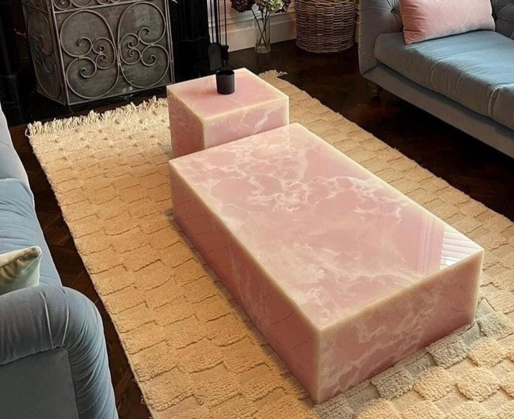 ピンク＆グリーンオニキスサイドテーブル：天然石の台座 - Etsy 日本