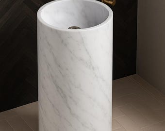 Carrara White Marble Vanity Pedestal Sink: Cylindrical Freestanding Bathroom Vanity