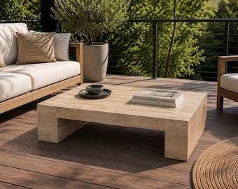 Mesa de centro de travertino beige – Piedra natural sin relleno / Muebles minimalistas de lujo para sala de estar