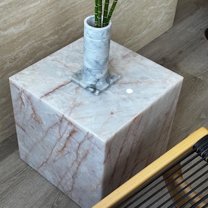 Pink Crystal Quartzite Stone Pedestal: Modern Art Display Plinth