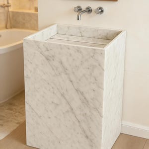 Lavabo de pedestal de mármol a medida / Lavabo de piedra moderno / Mueble de baño independiente / Lavabo de lujo hecho a mano imagen 1