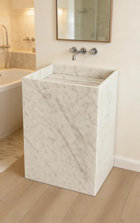 Custom Marble Pedestal Sink | Modern Stone Basin | Freestanding Bathroom Vanity | Handmade Luxury Sink