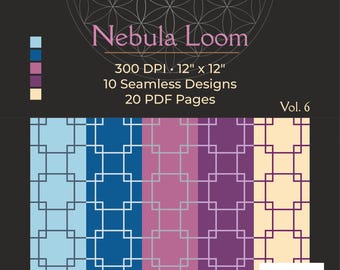 Może przedstawiać: Cyfrowy produkt projektowy zatytułowany "Nebula Loom" z geometrycznymi wzorami w kolorze niebieskim, fioletowym i beżowym. Produkt zawiera 10 bezszwowych wzorów, 20 stron PDF i ma wymiary 30,48 cm x 30,48 cm. Wyświetlany jest również logo "mannaworks".
