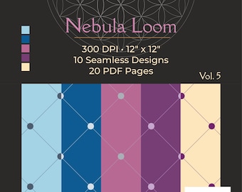 Może przedstawiać: Cyfrowy produkt projektowy zatytułowany "Nebula Loom" na ciemnym tle. Obraz przedstawia serię bezszwowych wzorów w odcieniach niebieskiego, fioletowego i kremowego, każdy o wymiarach 30,48 cm x 30,48 cm. Produkt zawiera 10 wzorów i 20 stron PDF.