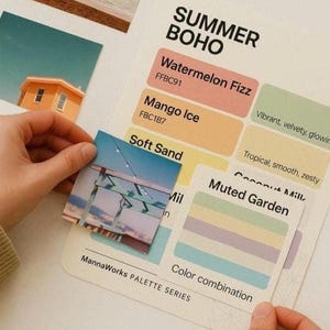 Guida alla palette di colori boho estiva: codici esadecimali, modelli di moodboard e schede campione digitali per interior designer e grafici